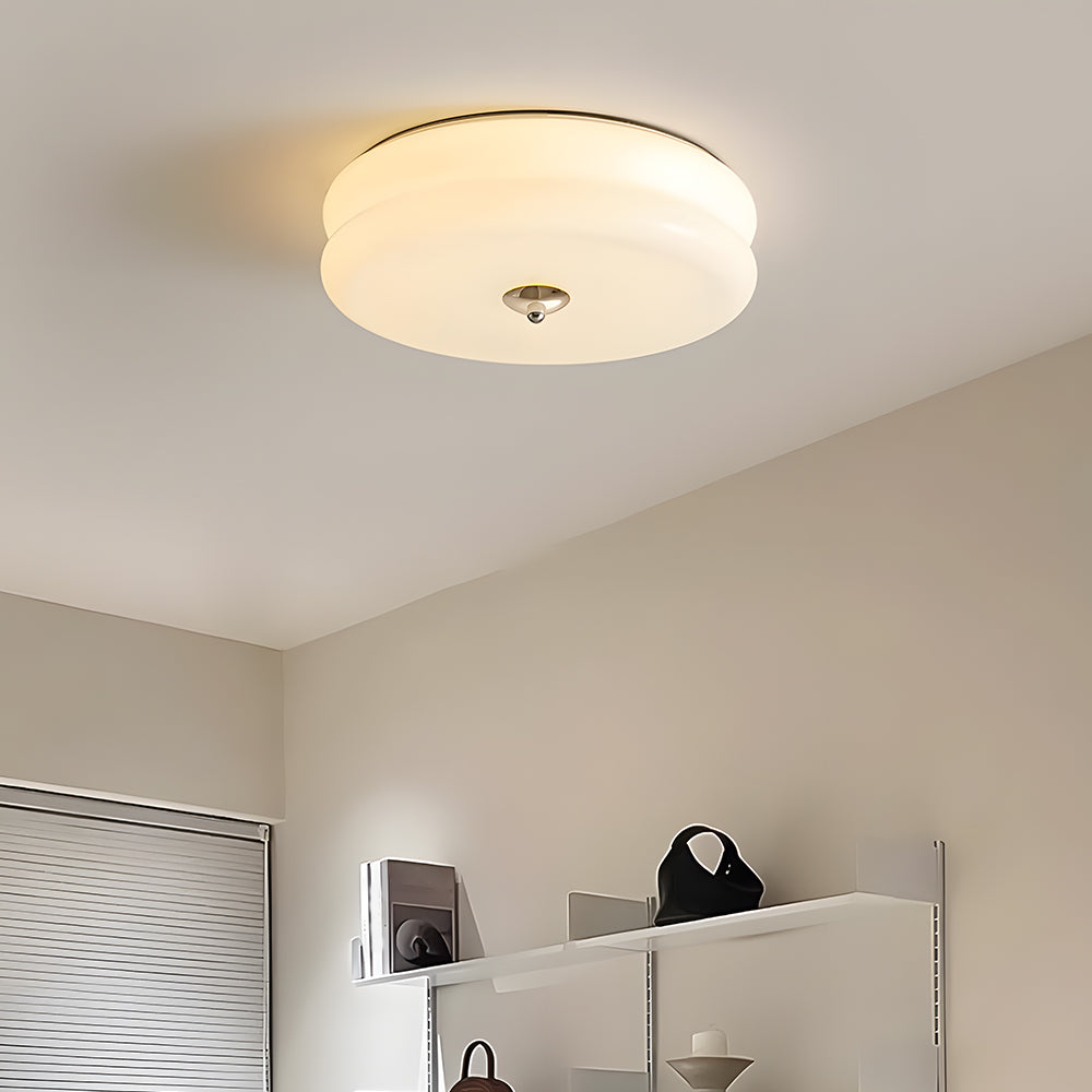 Industrial Glass Ceiling Light — LED Illumination, Gold Chrome Trim, Frosted White Dome, 13cm Height
