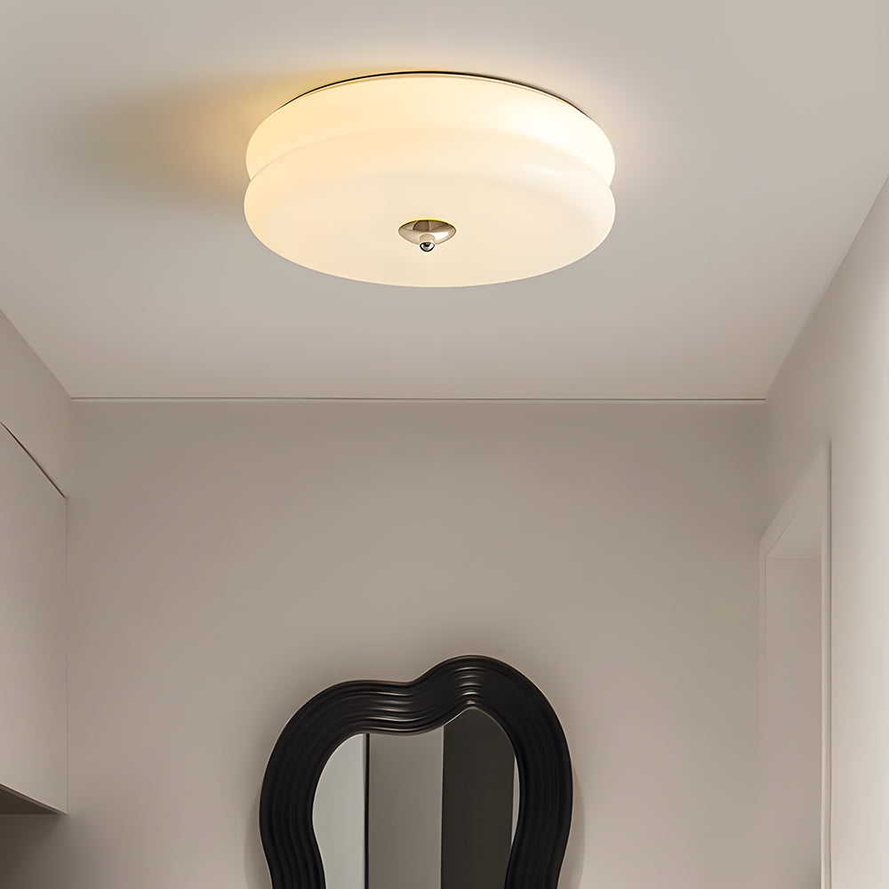Industrial Glass Ceiling Light — LED Illumination, Gold Chrome Trim, Frosted White Dome, 13cm Height
