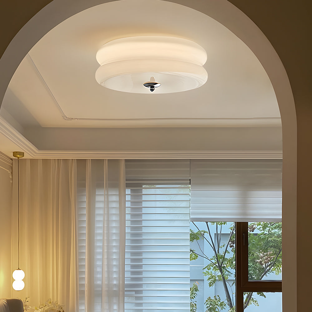 Industrial Glass Ceiling Light — LED Illumination, Gold Chrome Trim, Frosted White Dome, 13cm Height