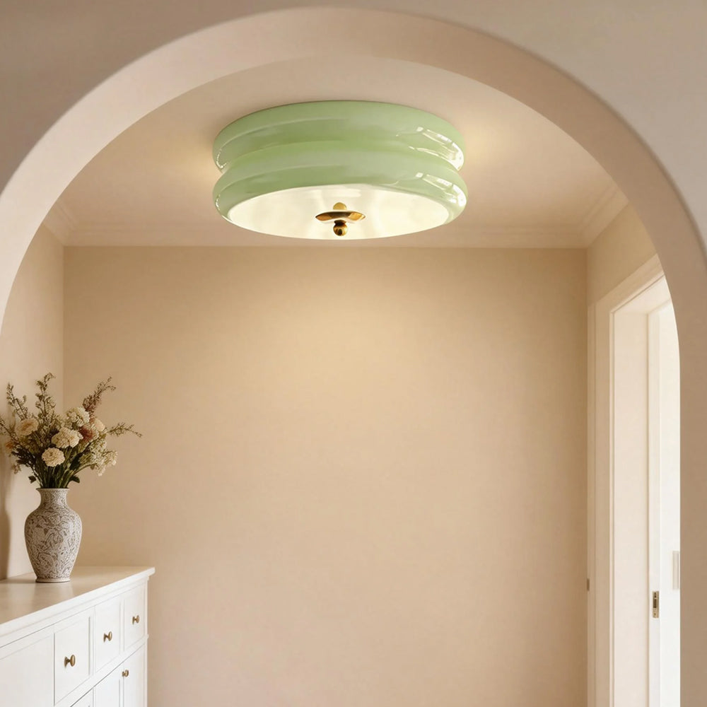 Industrial Glass Ceiling Light — LED Illumination, Gold Chrome Trim, Frosted White Dome, 13cm Height