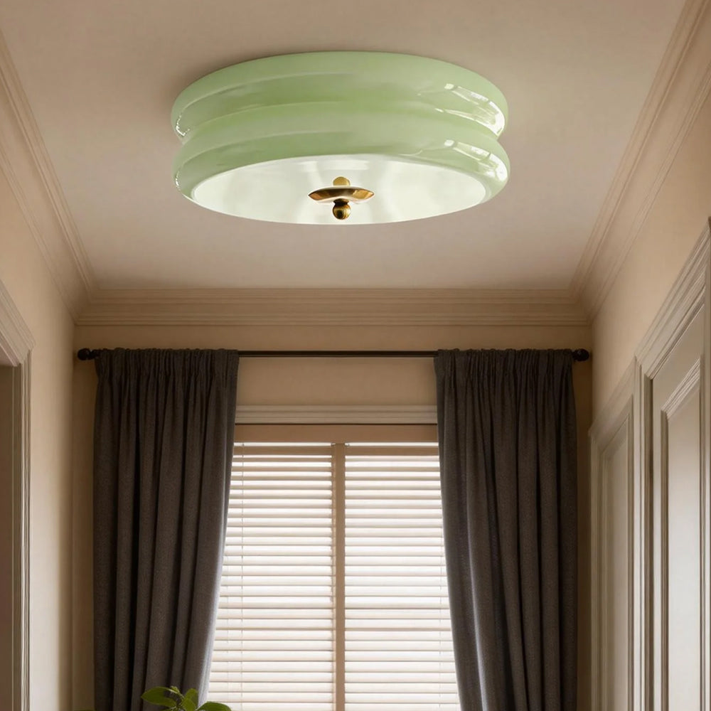 Industrial Glass Ceiling Light — LED Illumination, Gold Chrome Trim, Frosted White Dome, 13cm Height