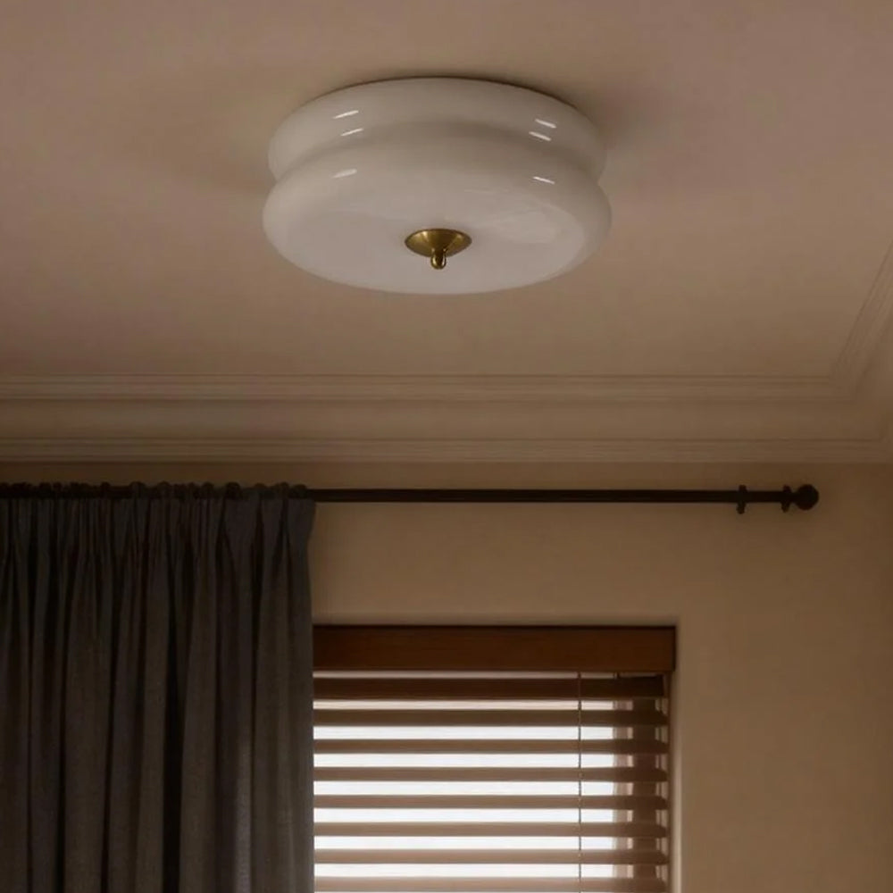 Industrial Glass Ceiling Light — LED Illumination, Gold Chrome Trim, Frosted White Dome, 13cm Height