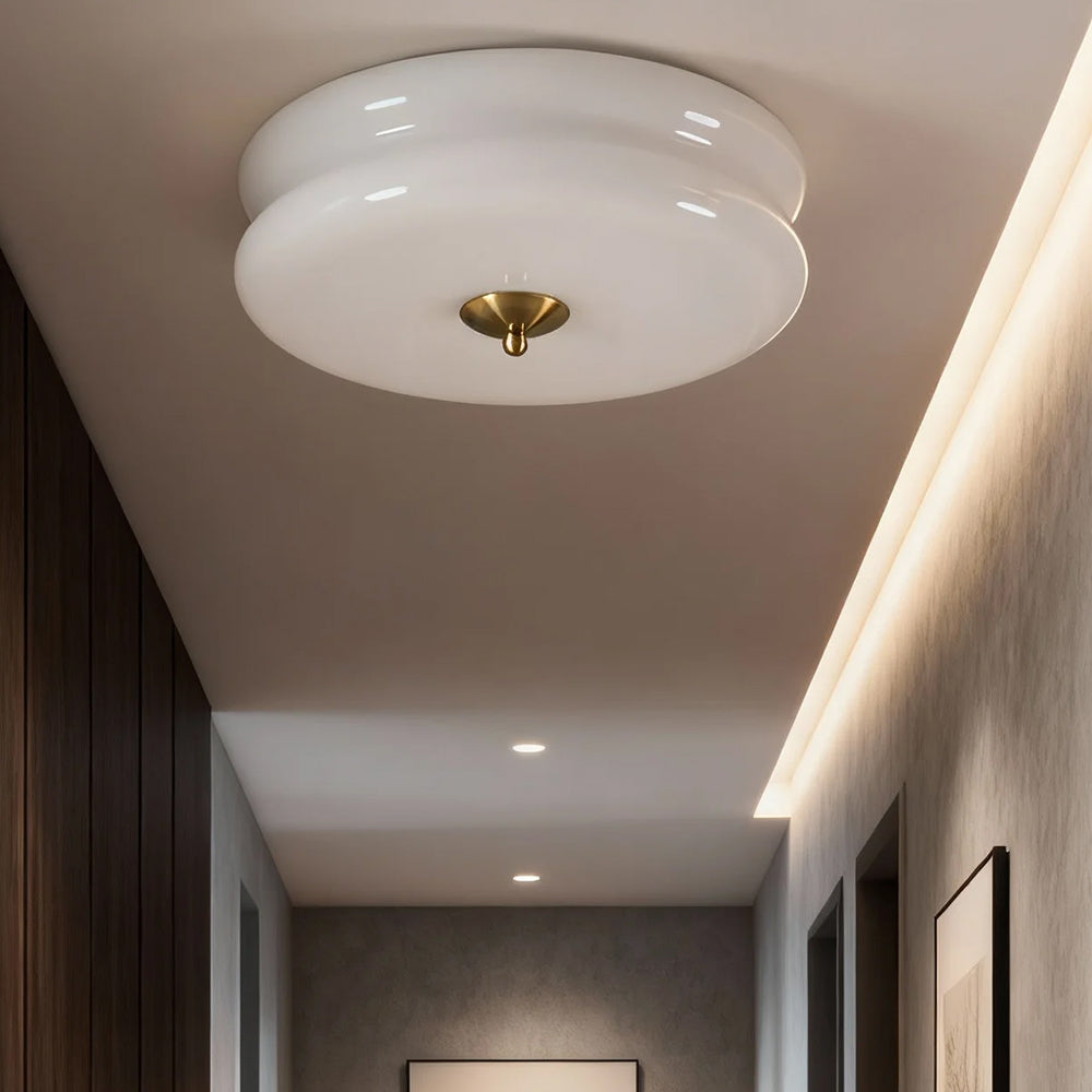 Industrial Glass Ceiling Light — LED Illumination, Gold Chrome Trim, Frosted White Dome, 13cm Height