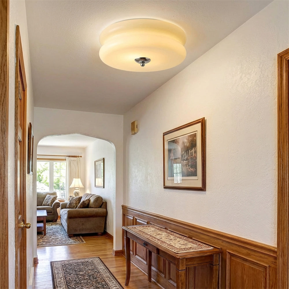 Industrial Glass Ceiling Light — LED Illumination, Gold Chrome Trim, Frosted White Dome, 13cm Height