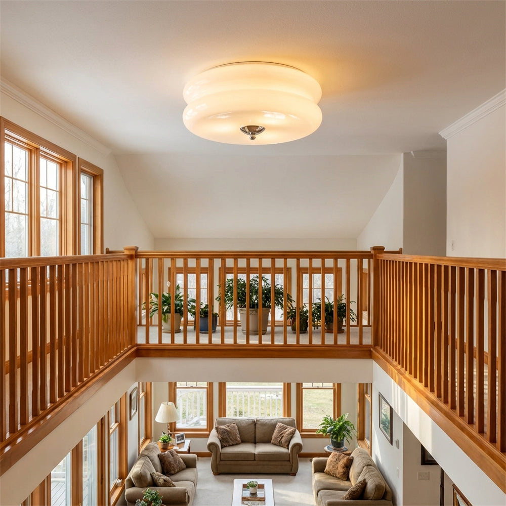 Industrial Glass Ceiling Light — LED Illumination, Gold Chrome Trim, Frosted White Dome, 13cm Height