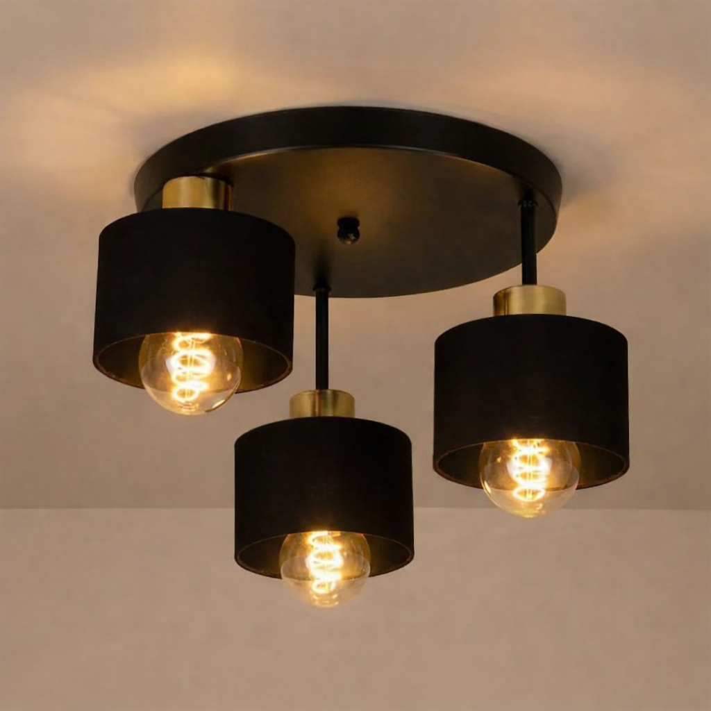 Black and Gold Three Light Ceiling Lamp — E27 Sockets