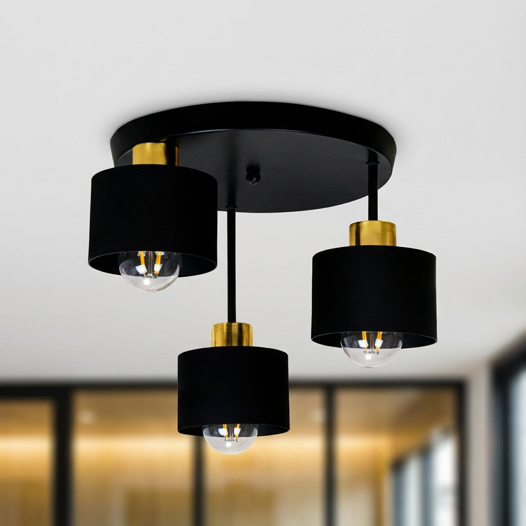 Black and Gold Three Light Ceiling Lamp — E27 Sockets