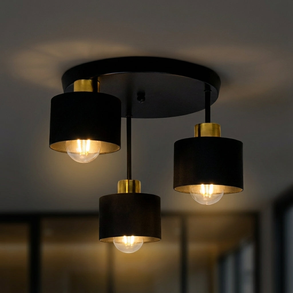 Black and Gold Three Light Ceiling Lamp — E27 Sockets