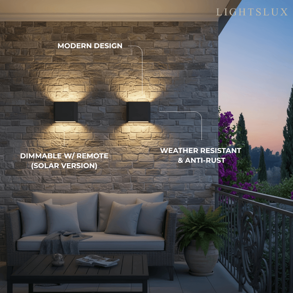 Aplique de pared exterior minimalista de acero inoxidable – Luz exterior moderna con energía solar o cableada - Flindria