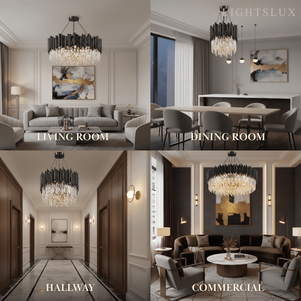 Candelabro moderno de cristal – Marco negro con punto focal brillante para comedor/sala de estar - Flindria