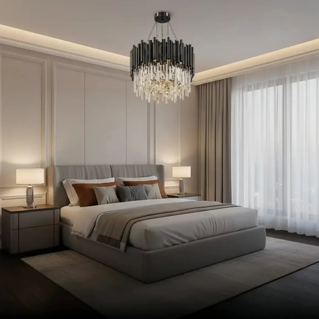 Candelabro moderno de cristal – Marco negro con punto focal brillante para comedor/sala de estar - Flindria