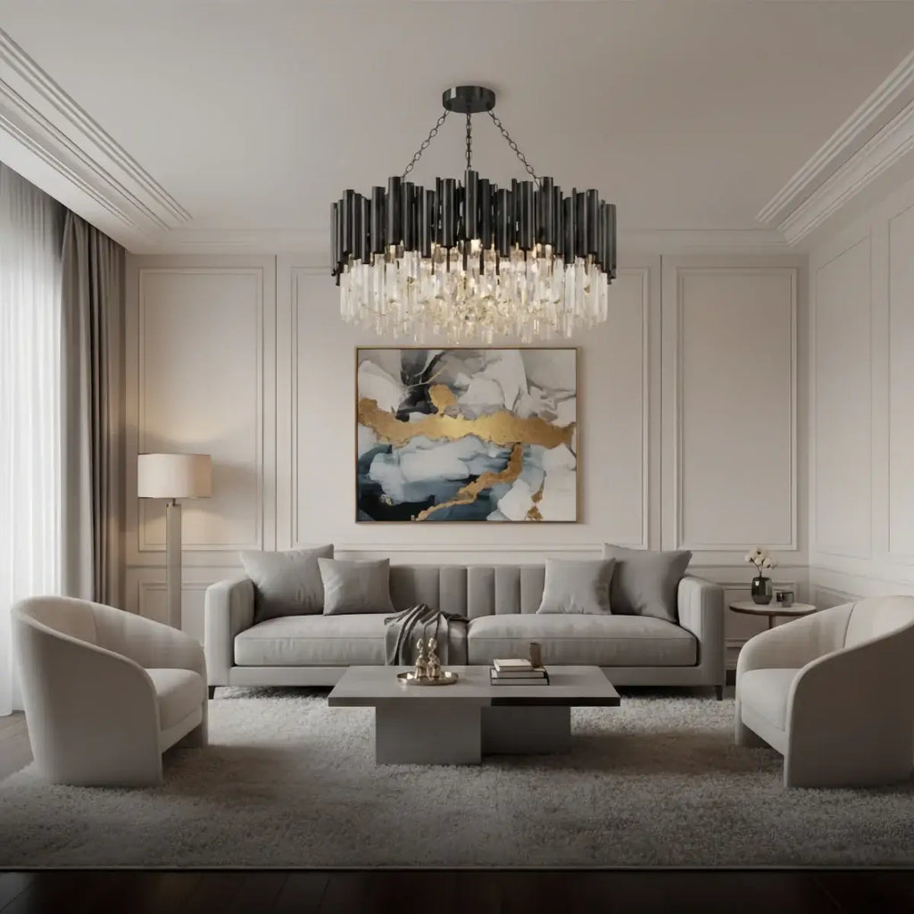 Candelabro moderno de cristal – Marco negro con punto focal brillante para comedor/sala de estar - Flindria
