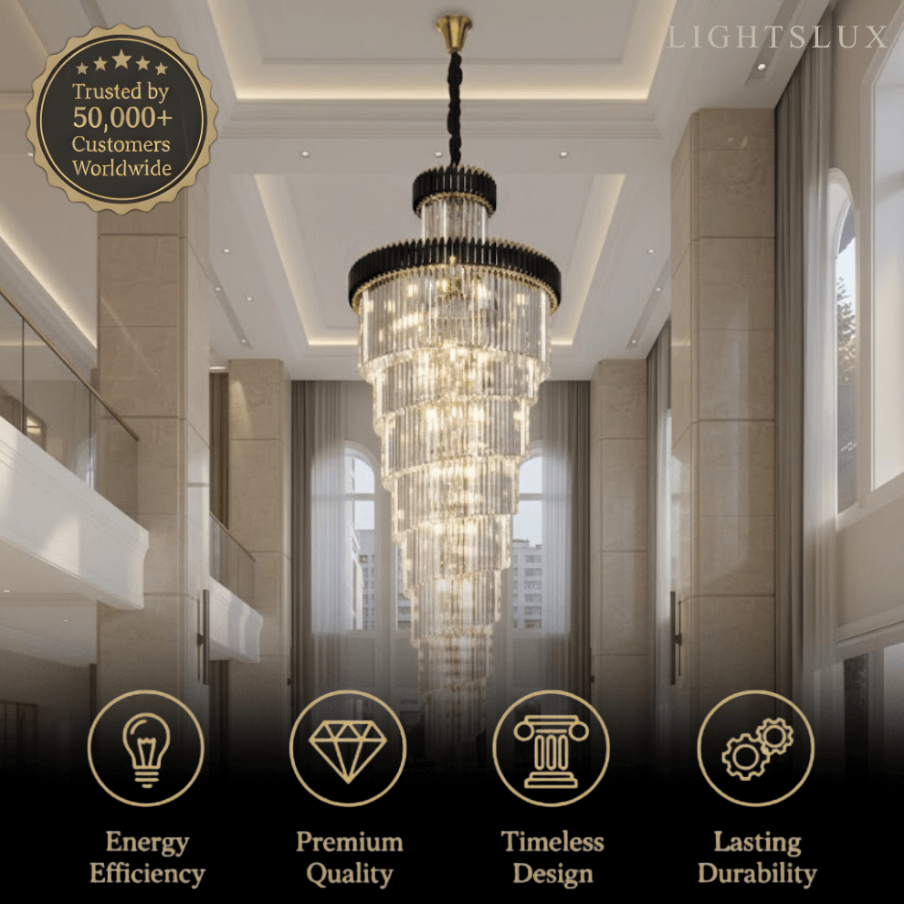 Lujoso candelabro cónico de cristal – Ónix negro dorado grande regulable para vestíbulo/salón principal - Flindria