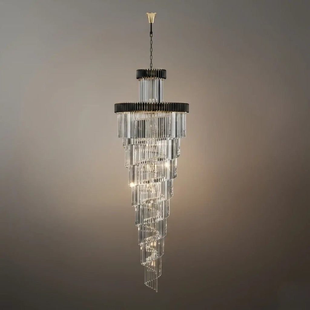 Lujoso candelabro cónico de cristal – Ónix negro dorado grande regulable para vestíbulo/salón principal - Flindria