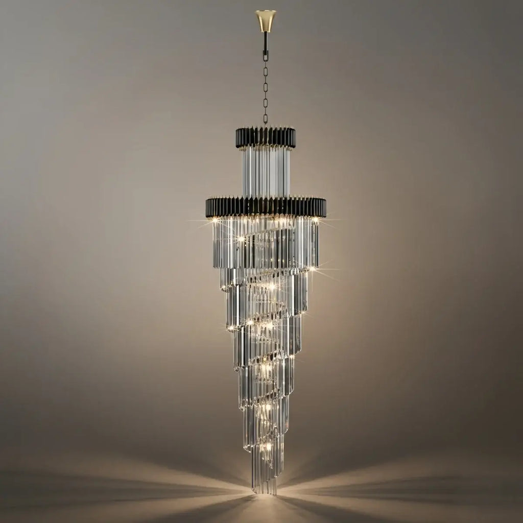 Lujoso candelabro cónico de cristal – Ónix negro dorado grande regulable para vestíbulo/salón principal - Flindria