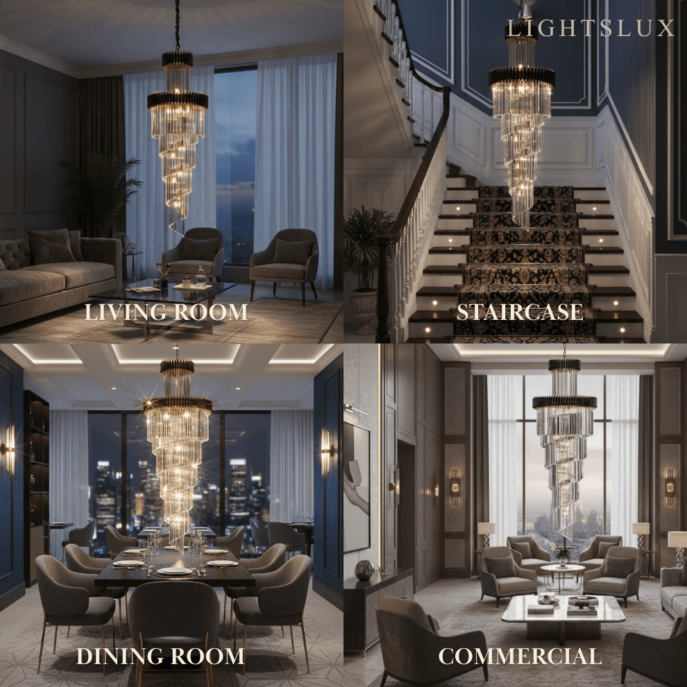 Lujoso candelabro cónico de cristal – Ónix negro dorado grande regulable para vestíbulo/salón principal - Flindria