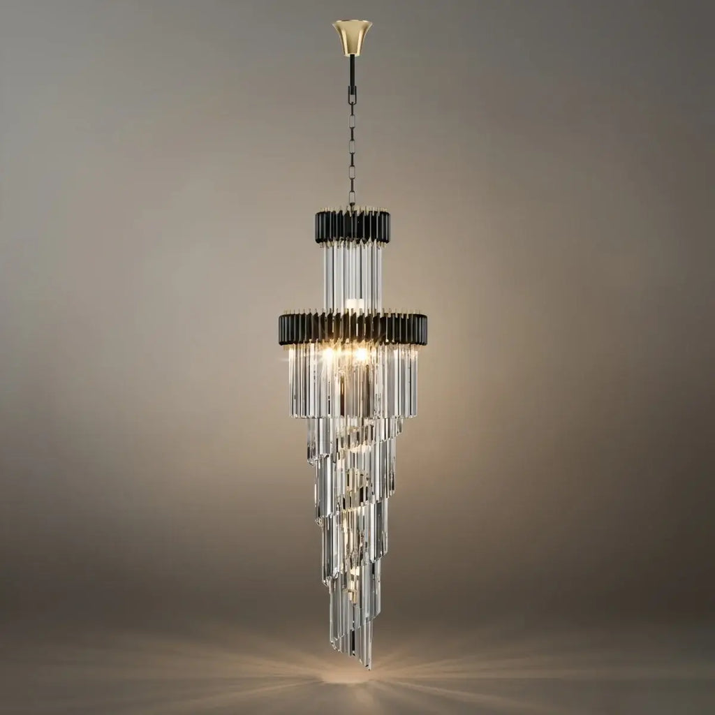 Lujoso candelabro cónico de cristal – Ónix negro dorado grande regulable para vestíbulo/salón principal - Flindria