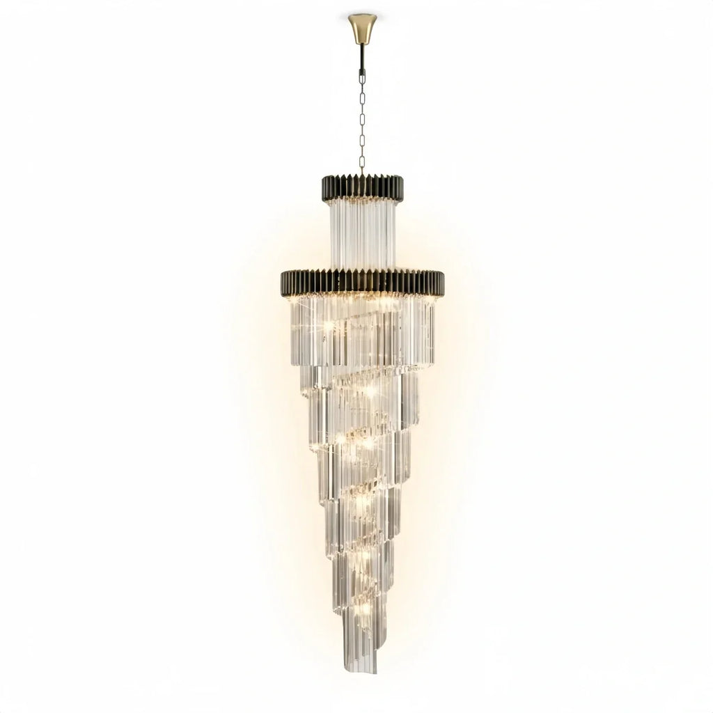 Lujoso candelabro cónico de cristal – Ónix negro dorado grande regulable para vestíbulo/salón principal - Flindria
