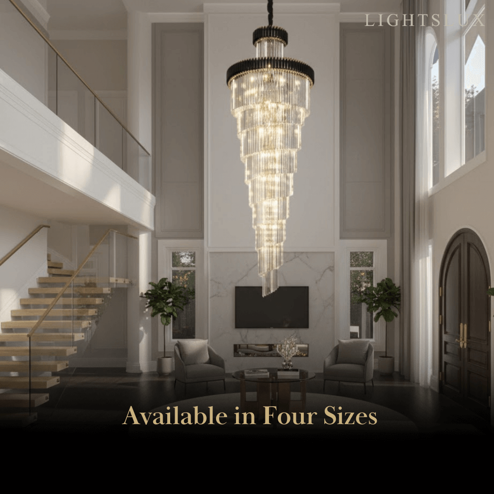Lujoso candelabro cónico de cristal – Ónix negro dorado grande regulable para vestíbulo/salón principal - Flindria