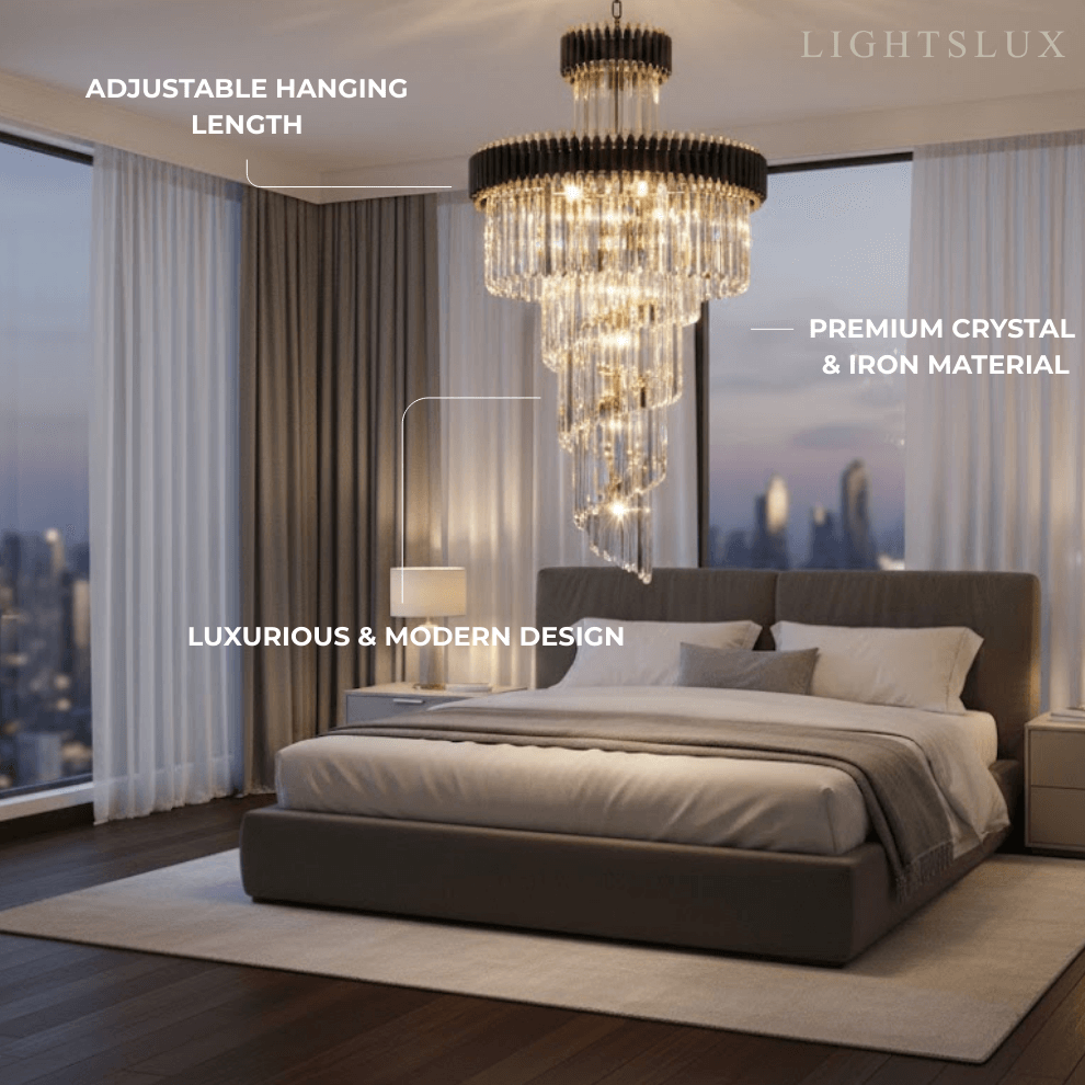 Lujoso candelabro cónico de cristal – Ónix negro dorado grande regulable para vestíbulo/salón principal - Flindria