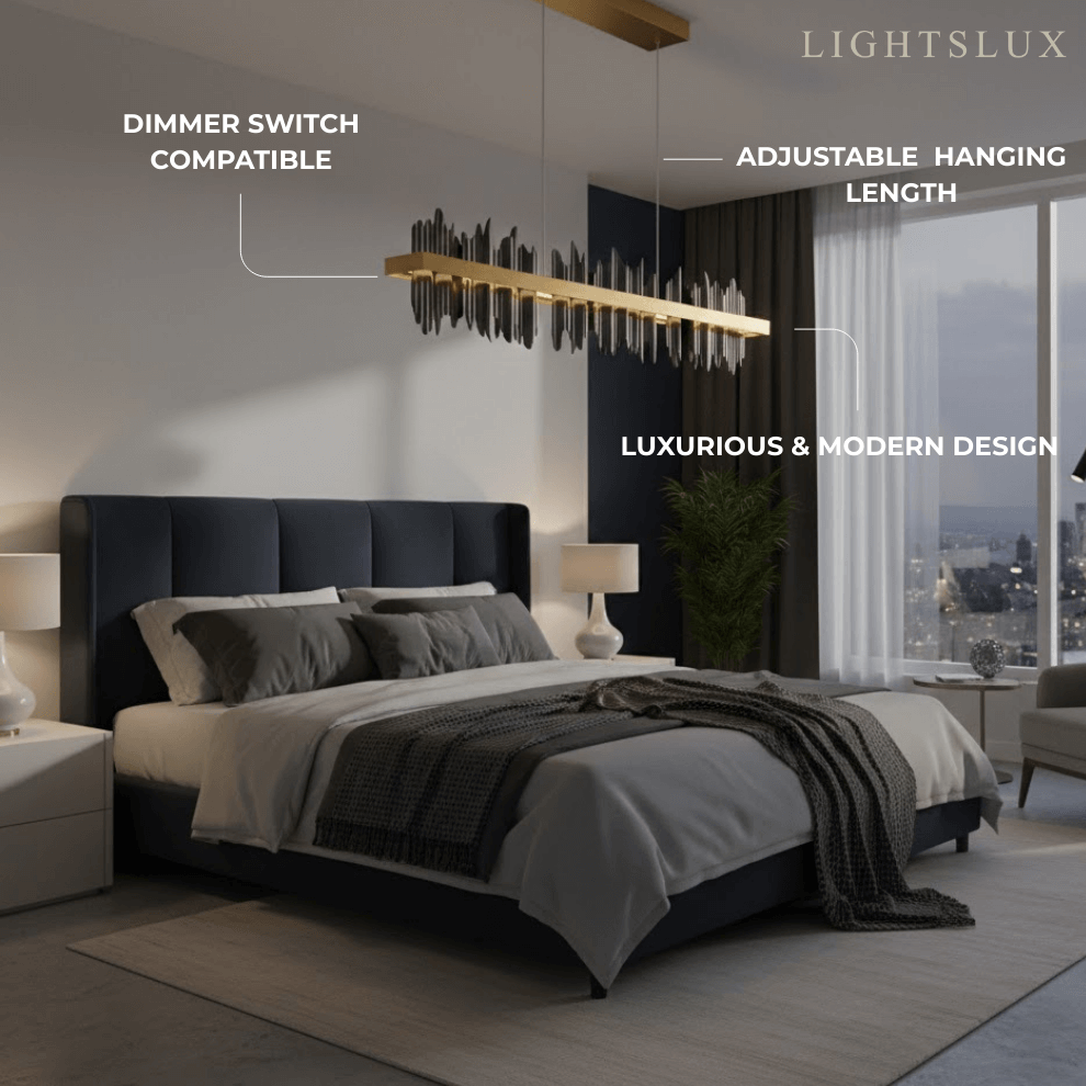 Moderne lineaire hanglamp – gepolijste gouden rand op diepzwart ijzer voor keuken - Flindria
