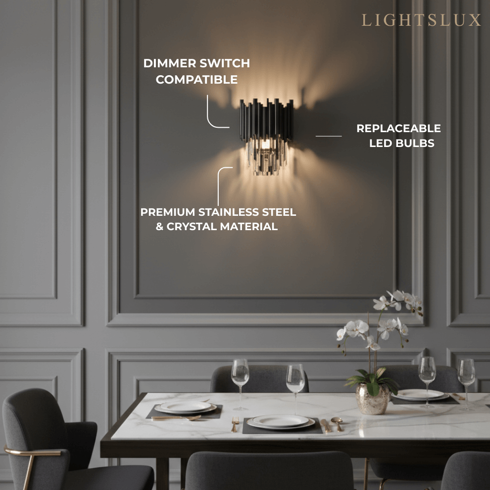 Lujosa aplique de pared de cristal obsidiana – Acero inoxidable negro con cristales transparentes - Flindria