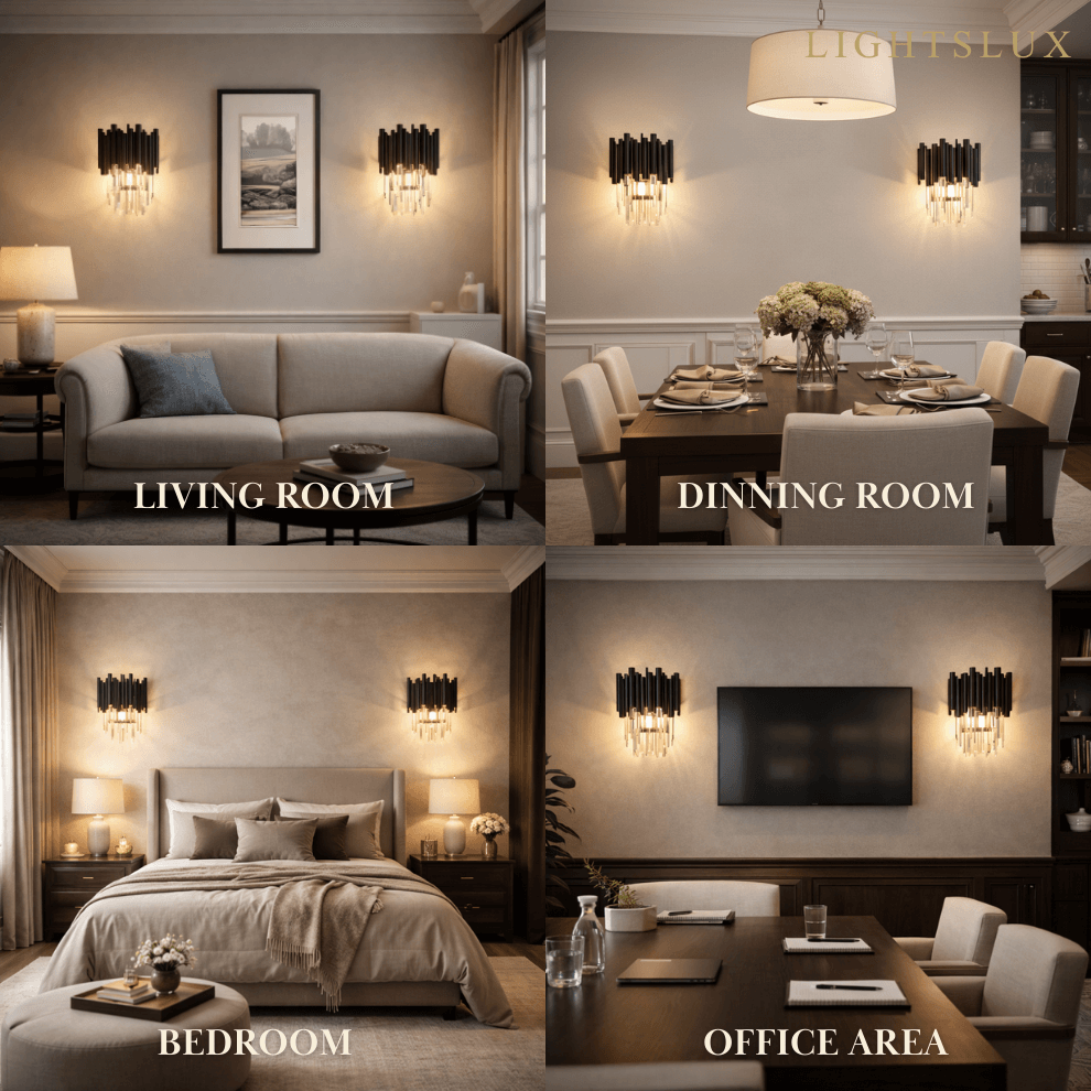 Lujosa aplique de pared de cristal obsidiana – Acero inoxidable negro con cristales transparentes - Flindria