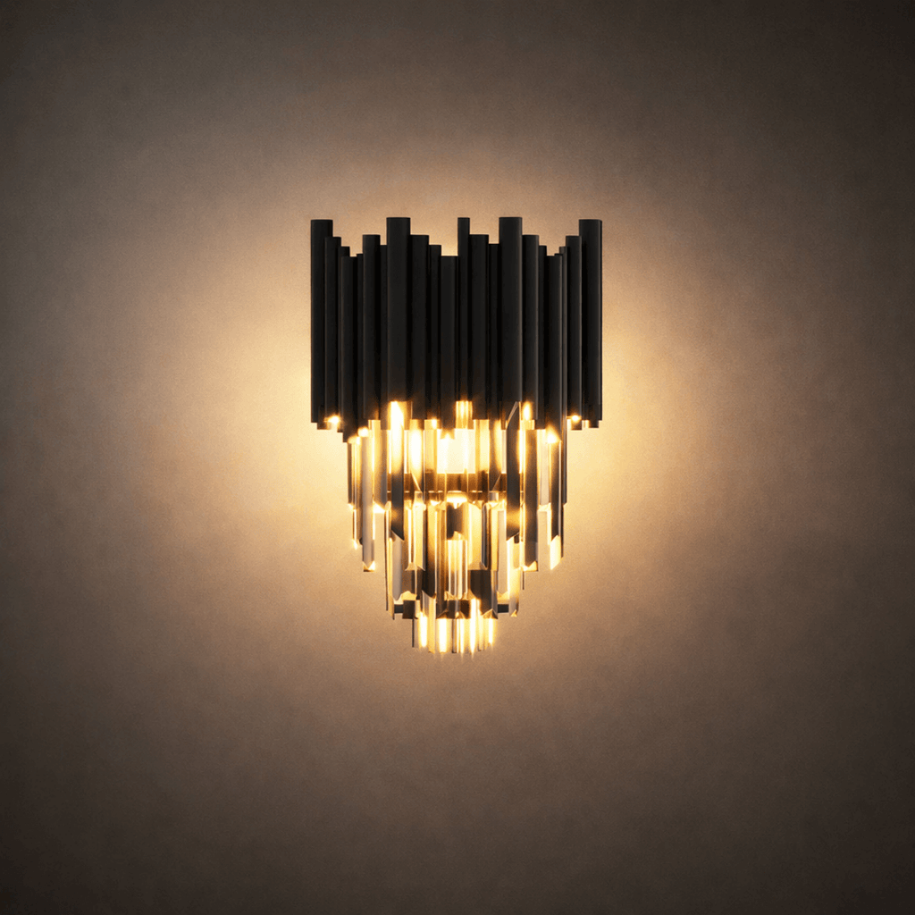 Lujosa aplique de pared de cristal obsidiana – Acero inoxidable negro con cristales transparentes - Flindria