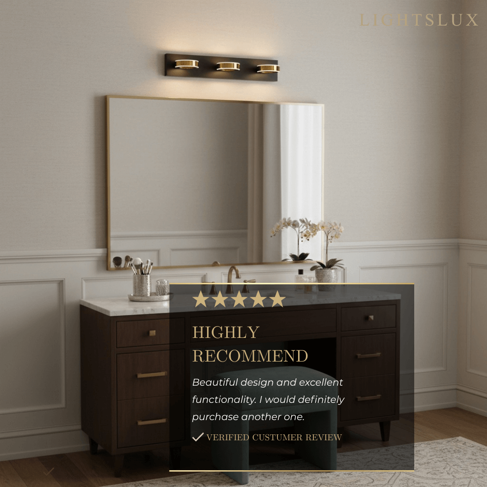 Luz de Tocador Moderna de 3 Luces – Pantallas Acrílicas Circulares en Marco Negro Mate/Dorado para Baño - Flindria