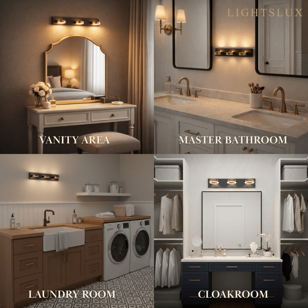 Luz de Tocador Moderna de 3 Luces – Pantallas Acrílicas Circulares en Marco Negro Mate/Dorado para Baño - Flindria