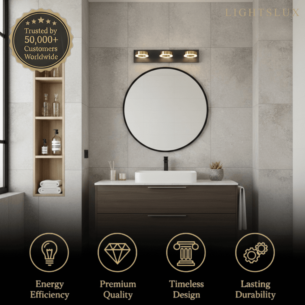 Luz de Tocador Moderna de 3 Luces – Pantallas Acrílicas Circulares en Marco Negro Mate/Dorado para Baño - Flindria