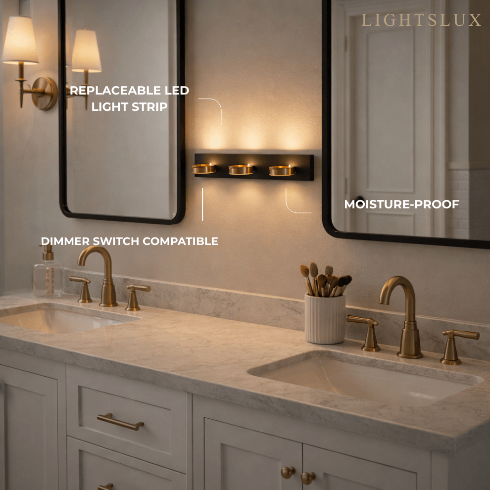 Luz de Tocador Moderna de 3 Luces – Pantallas Acrílicas Circulares en Marco Negro Mate/Dorado para Baño - Flindria