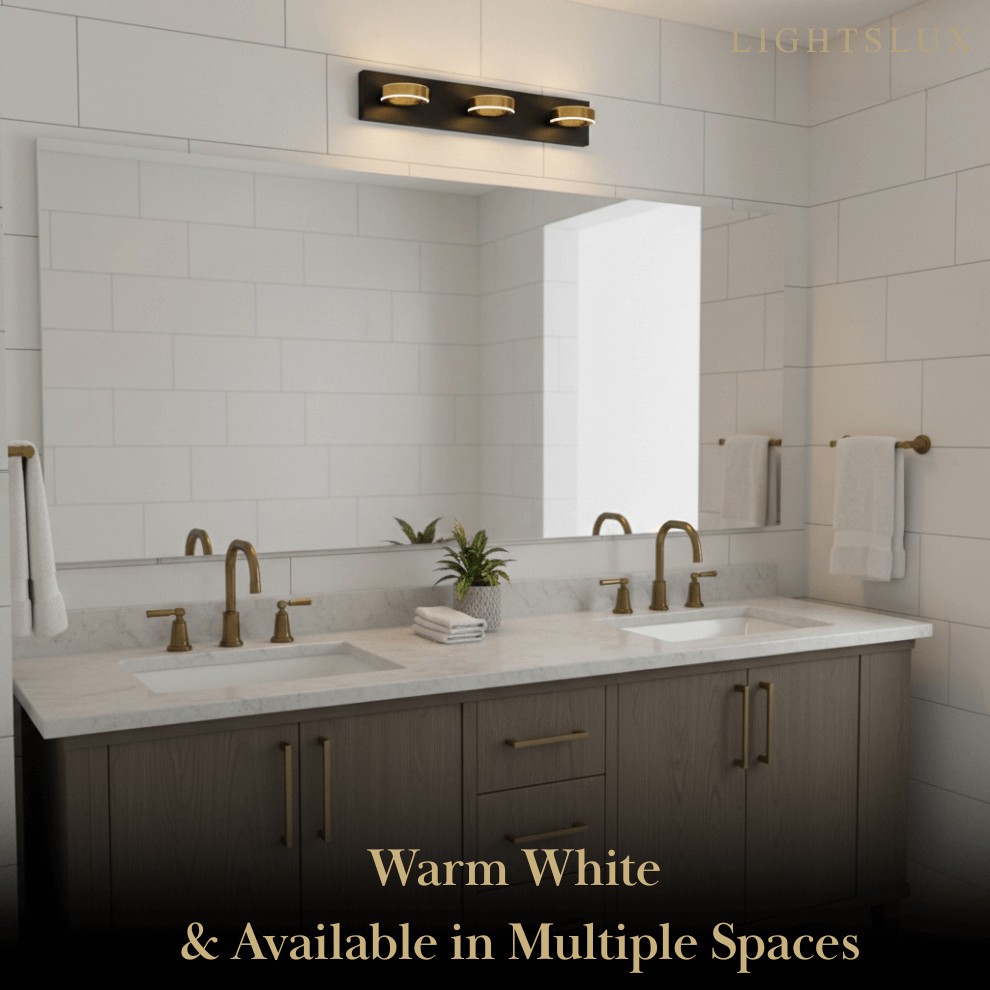 Luz de Tocador Moderna de 3 Luces – Pantallas Acrílicas Circulares en Marco Negro Mate/Dorado para Baño - Flindria