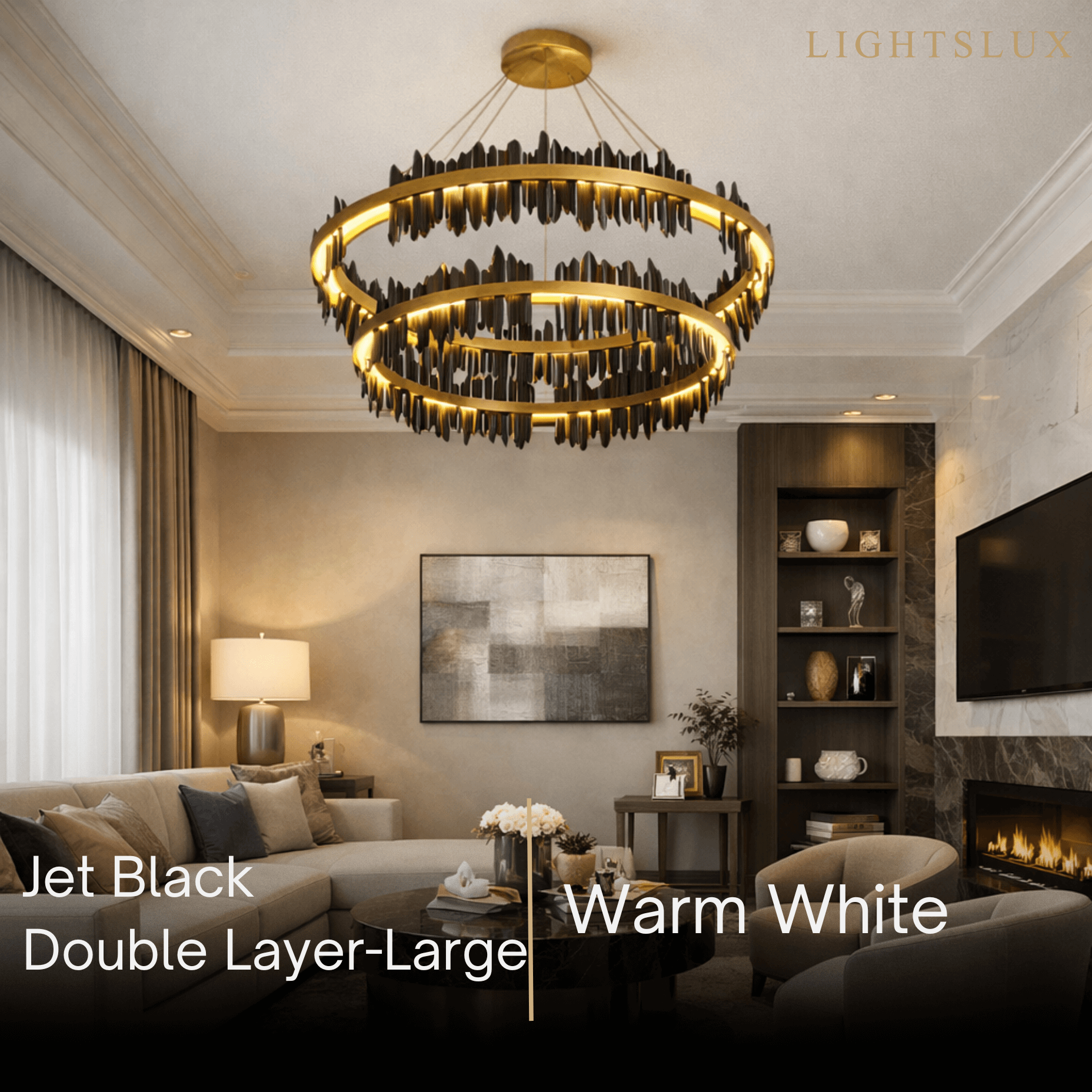 Dual-Ring Chandelier – Stainless Steel in Jet Black or Polished Gold for Living Room - Flindria