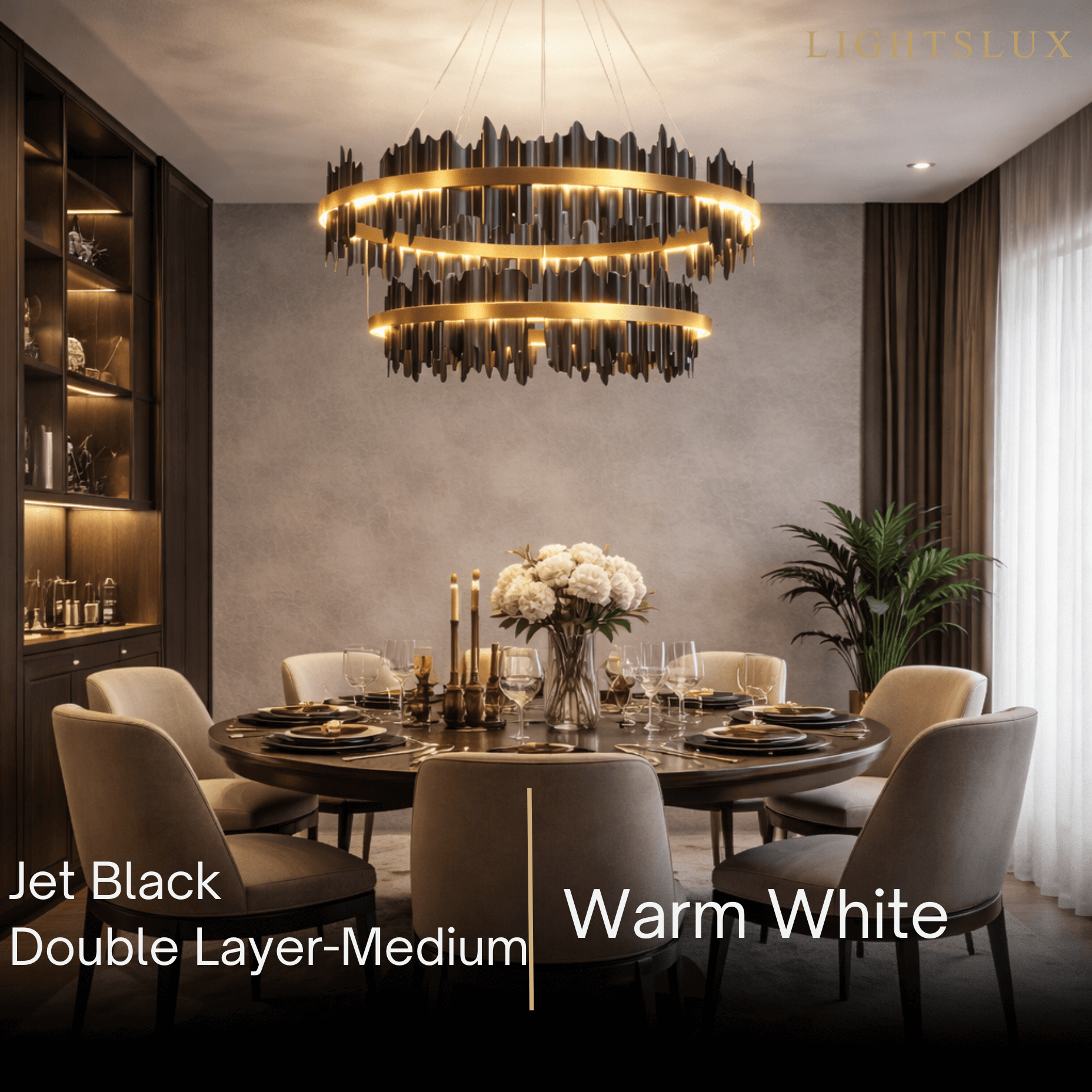 Dual-Ring Chandelier – Stainless Steel in Jet Black or Polished Gold for Living Room - Flindria