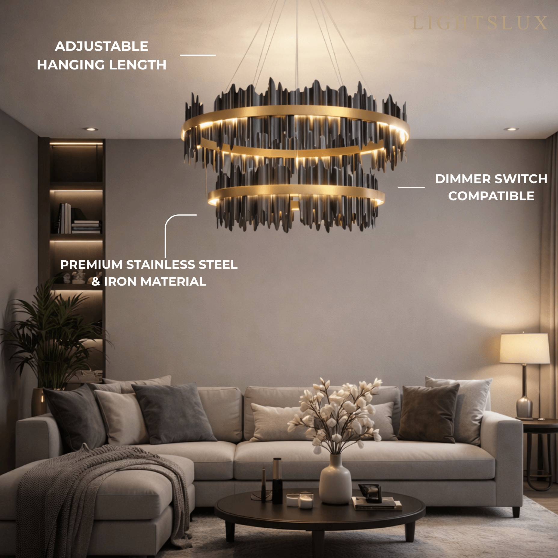 Dual-Ring Chandelier – Stainless Steel in Jet Black or Polished Gold for Living Room - Flindria