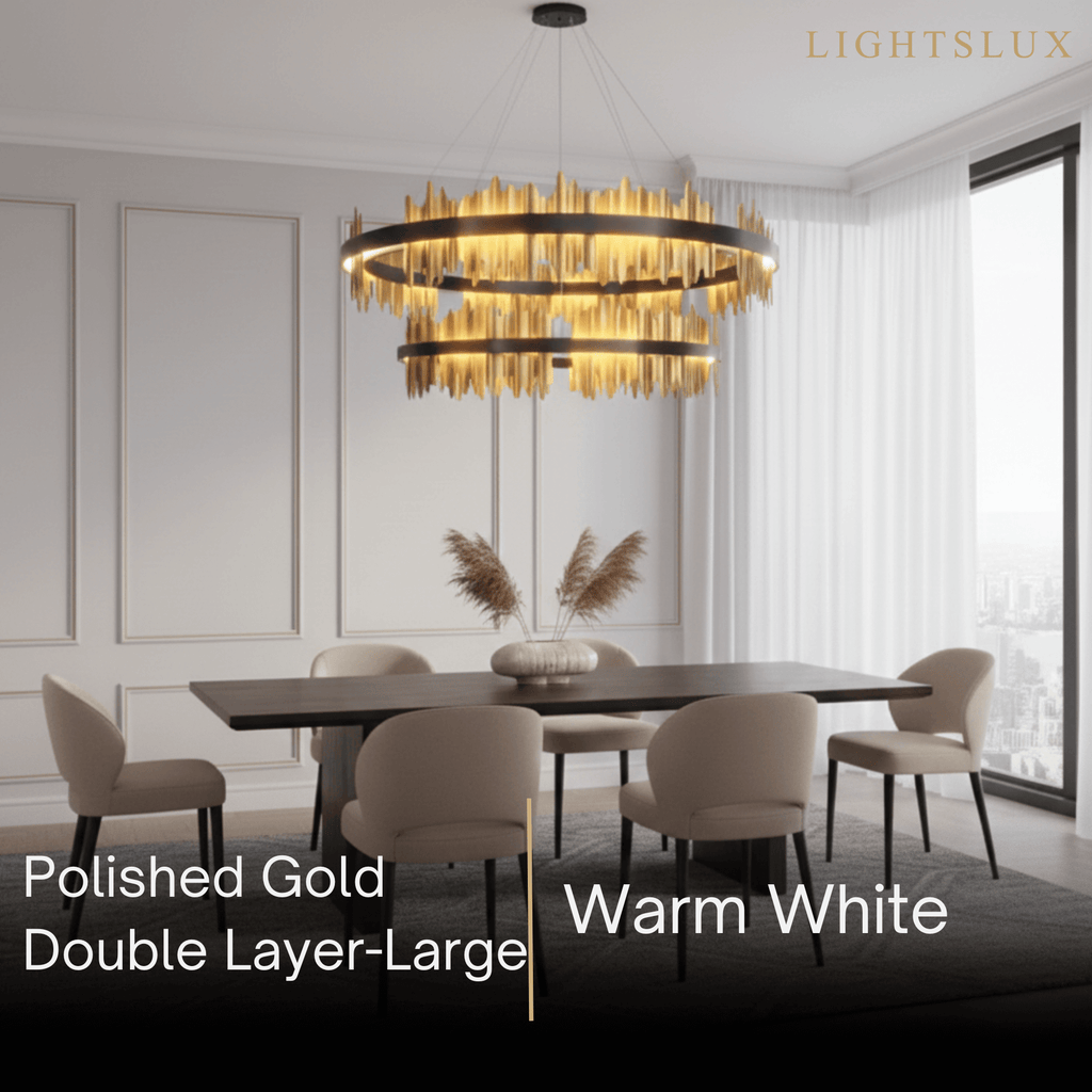 Dual-Ring Chandelier – Stainless Steel in Jet Black or Polished Gold for Living Room - Flindria