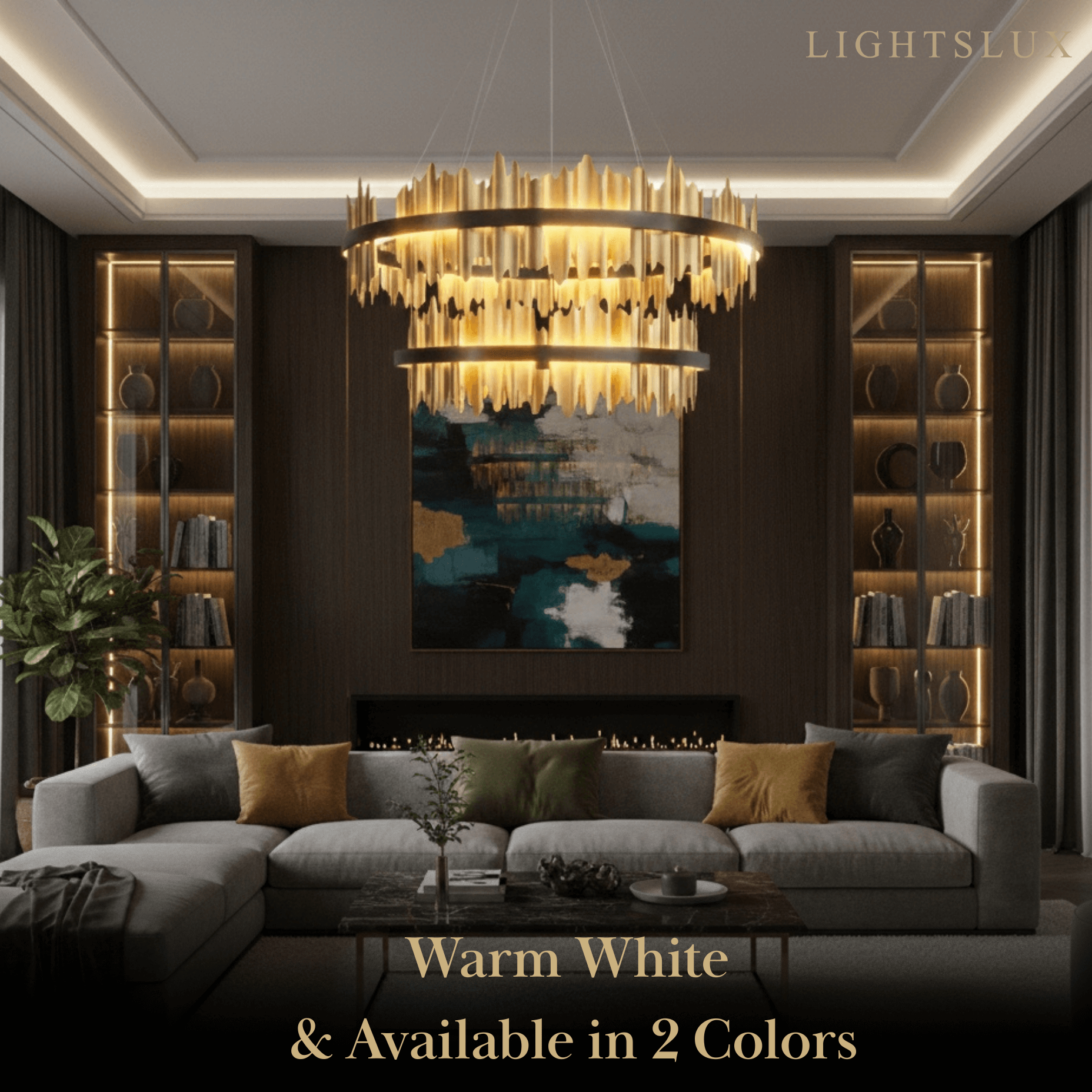 Dual-Ring Chandelier – Stainless Steel in Jet Black or Polished Gold for Living Room - Flindria