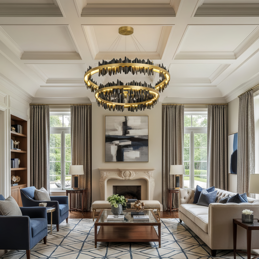 Dual-Ring Chandelier – Stainless Steel in Jet Black or Polished Gold for Living Room - Flindria