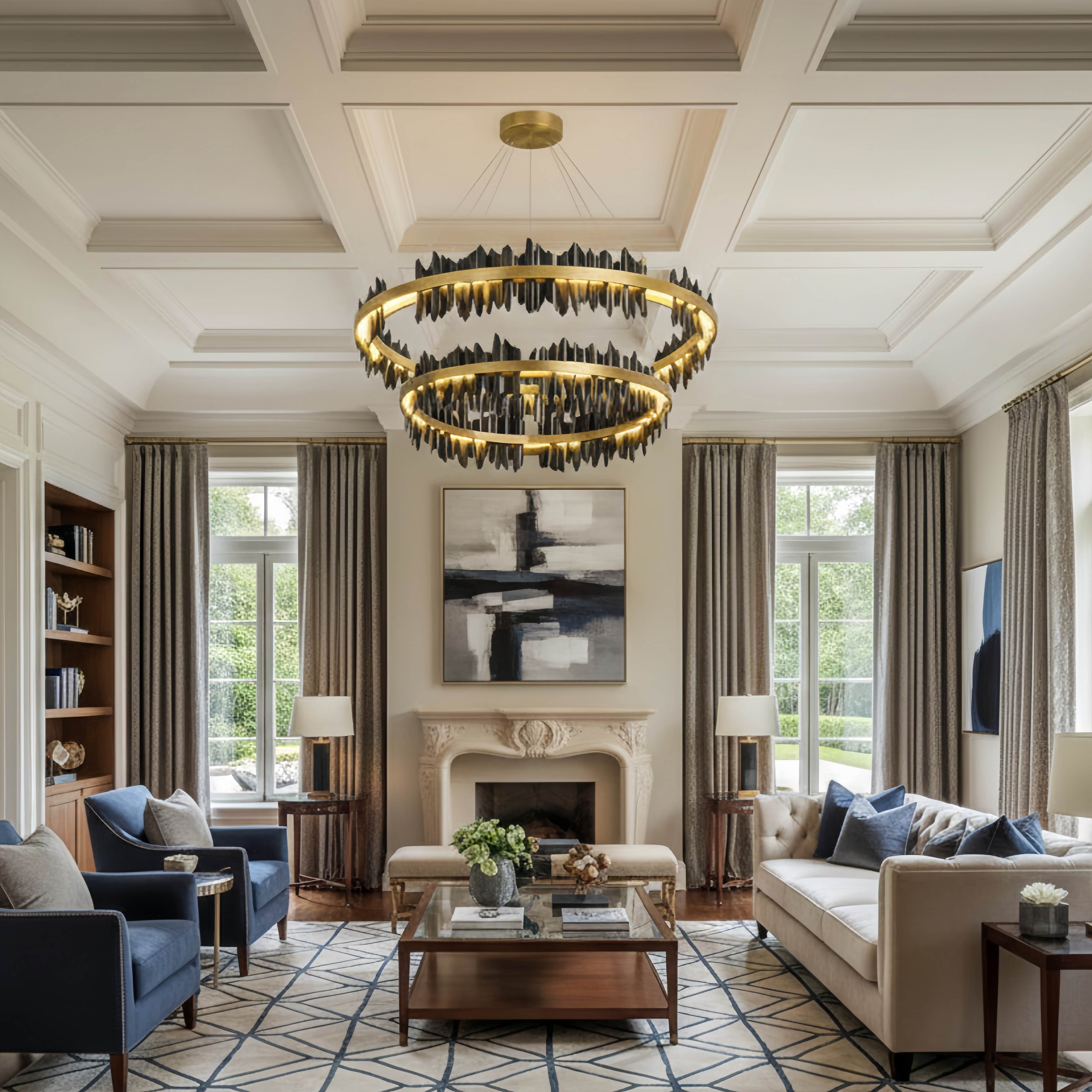 Dual-Ring Chandelier – Stainless Steel in Jet Black or Polished Gold for Living Room - Flindria