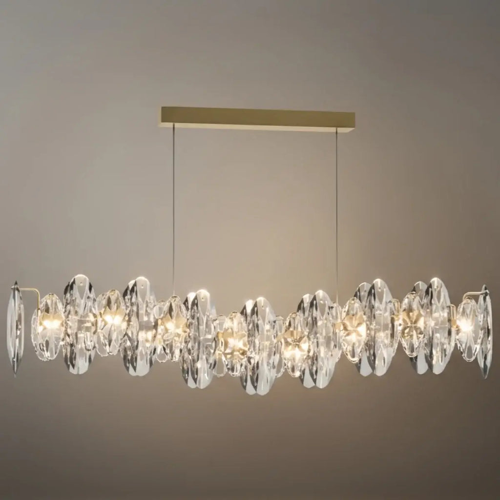 Lujoso colgante de cristal – Dorado y gris ahumado con cristales transparentes para comedor - Flindria