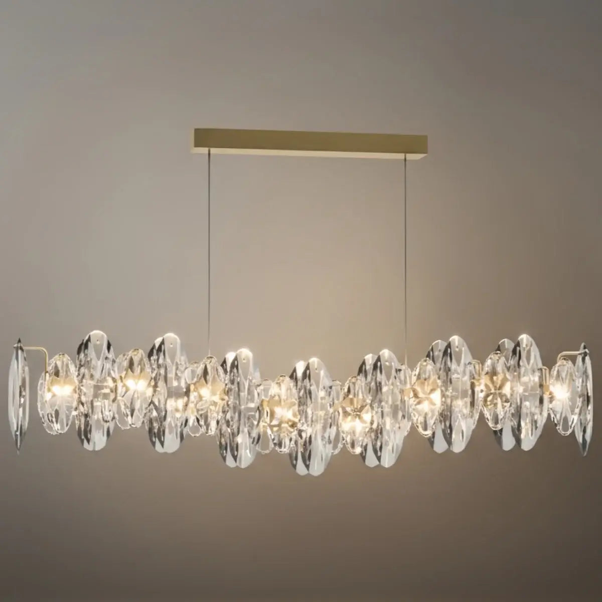 Lujoso colgante de cristal – Dorado y gris ahumado con cristales transparentes para comedor - Flindria