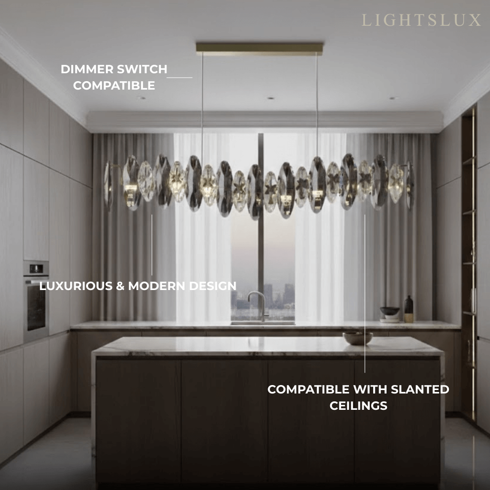 Lujoso colgante de cristal – Dorado y gris ahumado con cristales transparentes para comedor - Flindria
