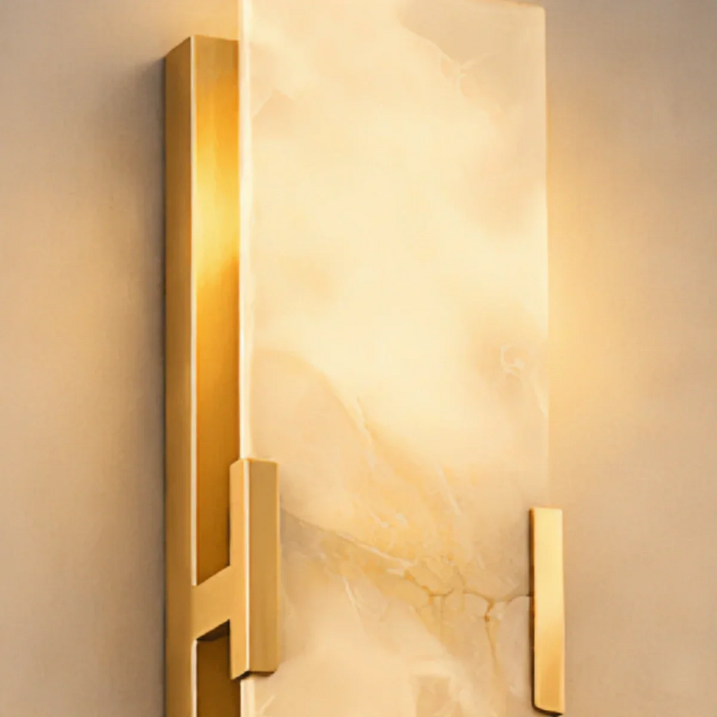 Modern Faceted Alabaster Wall Sconce – Brushed Gold Stainless Steel Backplate Indoor - Flindria