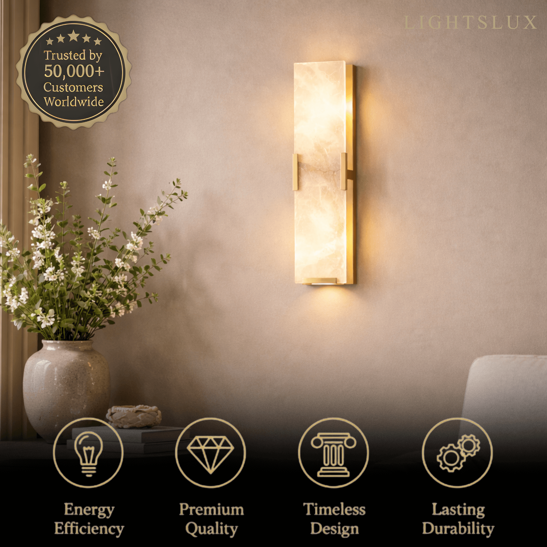 Modern Faceted Alabaster Wall Sconce – Brushed Gold Stainless Steel Backplate Indoor - Flindria