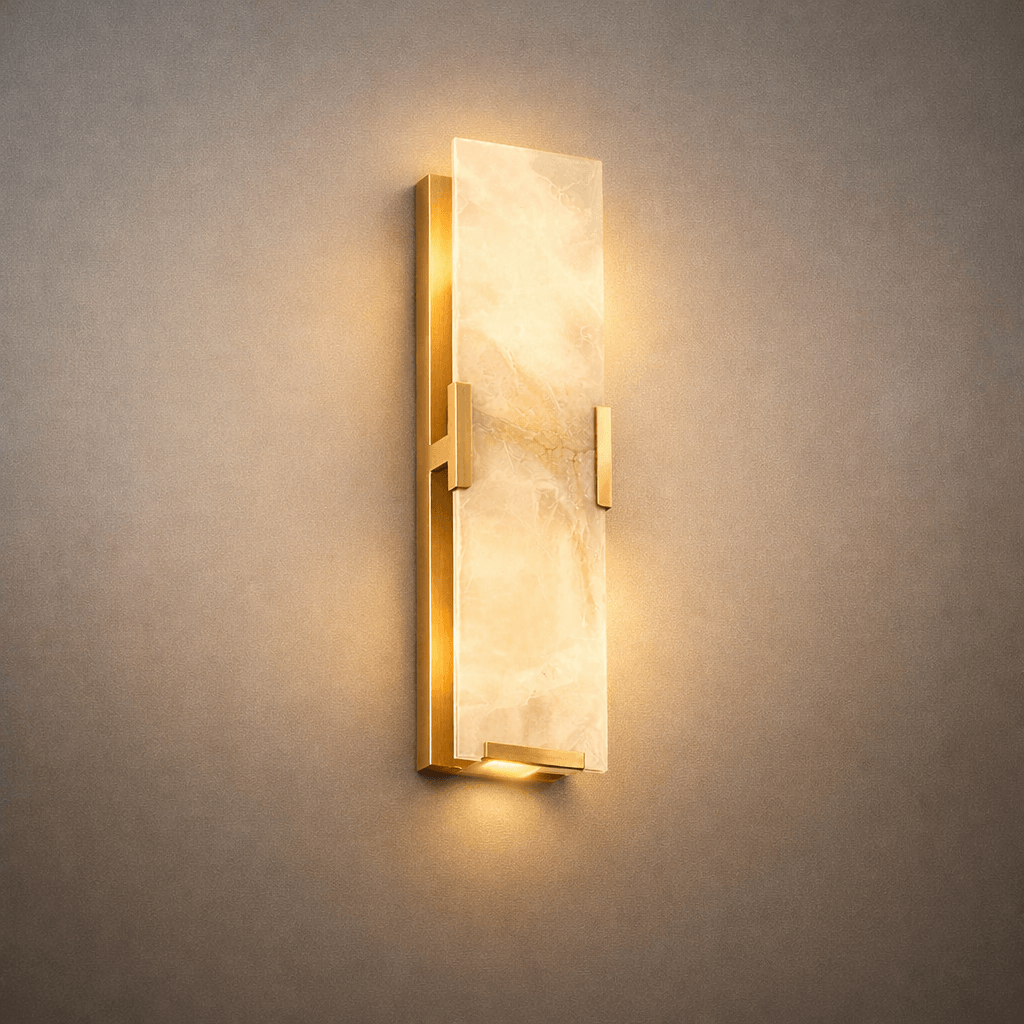 Modern Faceted Alabaster Wall Sconce – Brushed Gold Stainless Steel Backplate Indoor - Flindria