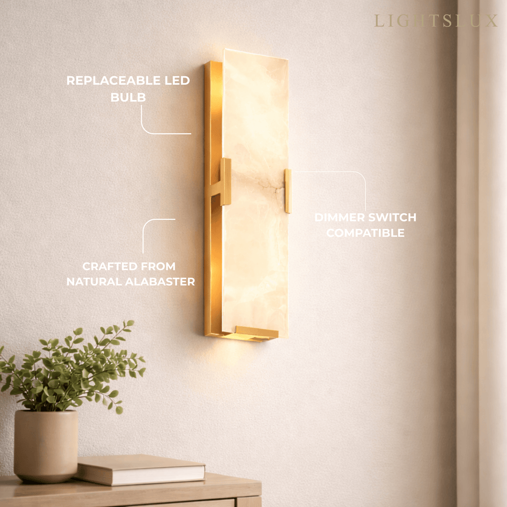 Modern Faceted Alabaster Wall Sconce – Brushed Gold Stainless Steel Backplate Indoor - Flindria