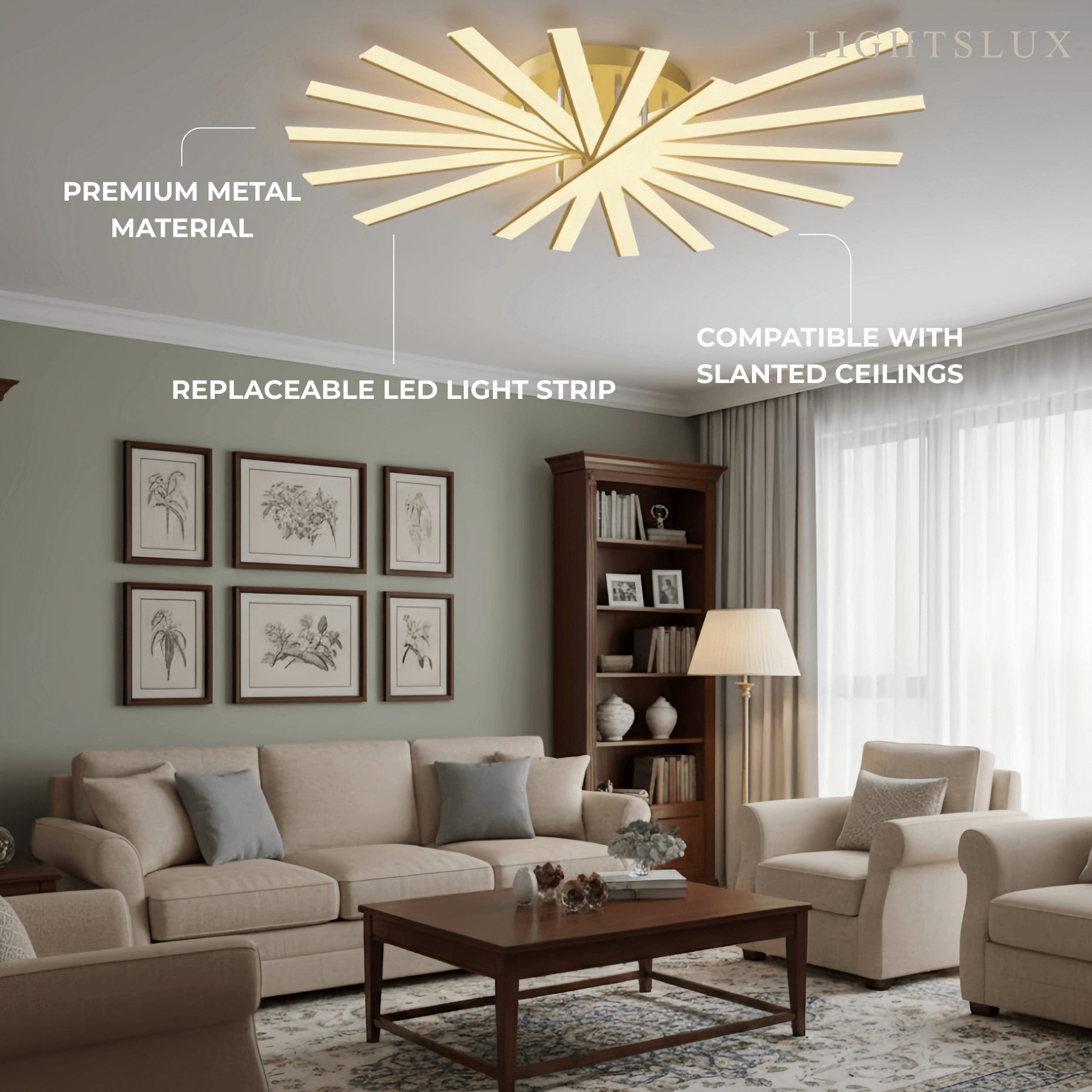 Moderne geometrische lineaire plafondlamp – zwart essenhout/metallisch goud voor woonkamer - Flindria