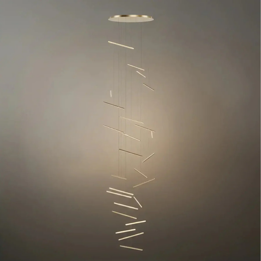 Luxury Flowing Gold Chandelier – Metallic Acrylic Rods Sculptural Cascade for Staircase - Flindria