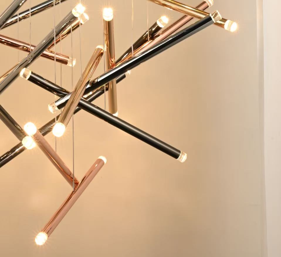 Luxury Flowing Gold Chandelier – Metallic Acrylic Rods Sculptural Cascade for Staircase - Flindria
